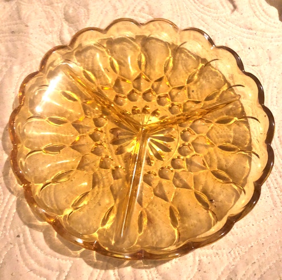 Divided Relish Tray Plate Dish 5  Sections Glass Circle Vintage Round Starburst with Scalloped Edges