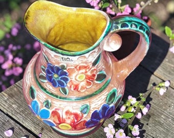 Vintage Retro 1960's Keramik Bay W.Germany Pottery Ceramic Pitcher Vase With Upraised Colorful Flowers