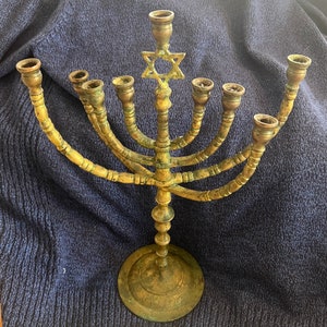 Large Antique Brass Menorah With Star David and Adjustable Arms - Free Shipping USA Only