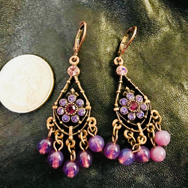 Stunning Violet Purple Chandelier Rhinestone Earrings With Copper Bronze Tone Metal