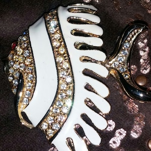 Lovely Gold Colored and Biege Enamel White Rhinestone Tropical Fish Brooch