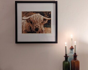 Hand Cut Highland Cow Papercut Art in Black Frame
