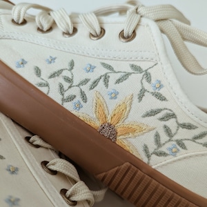 Sunflowers and forget me knots - embroidered wedding shoes/ Bespoke flower sneakers, bridal canvas trainers