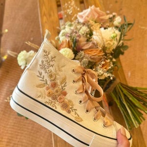 Boho bespoke embroidered hi tops - custom floral sneakers, bridal canvas trainers, wedding shoes, alternative wedding shoes for brides