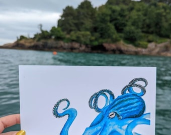 青いタコの水彩画：海の壁アート（A5サイズ）