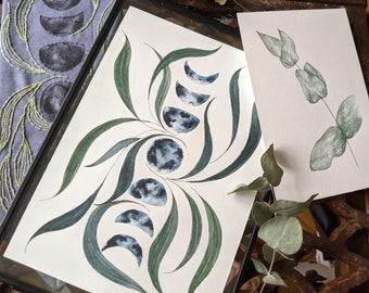 月の満ち欠けと植物のプリント、月の葉の月の周期の水彩画