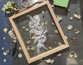 Peony papercut artwork, delicate hand cut framed paper art, Original floral botanical art
