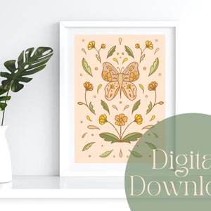 Retro Butterfly and Flower Digital Art Print - Digital Download