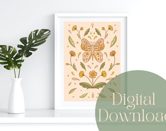 Retro Butterfly and Flower Digital Art Print - Digital Download