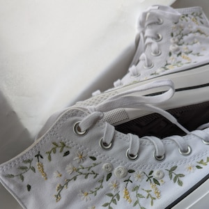 Greens and white florals - embroidered wedding shoes - Bespoke flower sneakers, bridal canvas trainers, alternative bride custom converse.