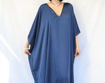 Women's Plus Size Cover Up for Cruise Beach Holiday, Blue Maxi Caftan Dress, Silky Kimono Robe