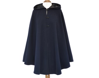 Navy Cape Coat in Wool and Cashmere fabric, Lined Hooded Poncho Jacket, Hooded Medieval Winter Cloak