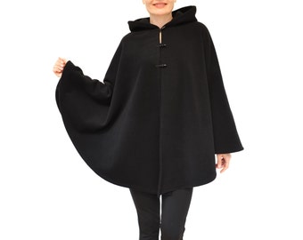 Black Wool Cashmere Cape, Women's Hooded Poncho Jacket, Black Wool Cloak, Handmade Cape Coat