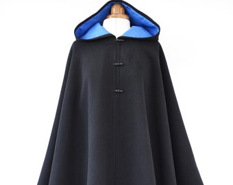 Black Wool Hooded Cloak, Lined Hooded Cape Coat, Medieval Cloak, Black Hooded Poncho