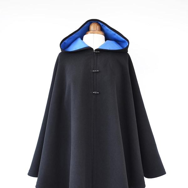 Black Wool Hooded Cloak, Lined Hooded Cape Coat, Medieval Cloak, Black Hooded Poncho