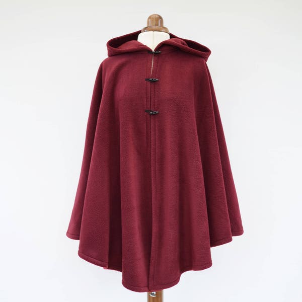 Burgundy or Red Hooded Cloak, Soft Fleece Cape Coat for Women Plus Size or Standard Size, Handmade in Scotland