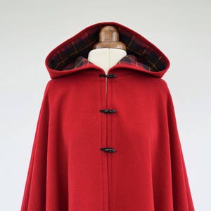 Red Tartan Lined Cape Coat, Wool Hooded Cloak, Red Wool Poncho Jacket image 2