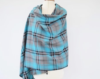 Handmade Scottish Tartan Shawl, Large Plaid Blanket Scarf, Turquoise Wool Effect Wrap with Soft Fringe