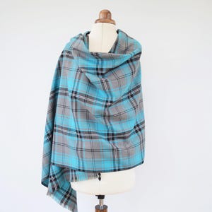 Handmade Scottish Tartan Shawl, Large Plaid Blanket Scarf, Turquoise Wool Effect Wrap with Soft Fringe