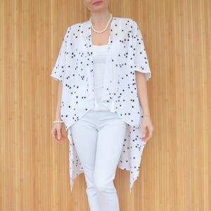 White Silk Jacket, Star Print Blazer, Elegant Evening Cover Up, Open Front Kimono Kaftan