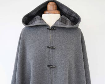 Grey Black Wool Tartan Lined Cape, Outlander Inspired Cloak, Hooded Cape Coat, Wool Winter Cape Cloak, Plus Size Cape Jacket