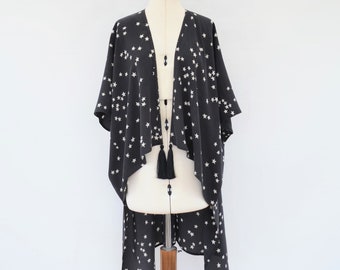 Black Silk Jacket, Evening Cover Up, Star Print Blazer, Open Front Kimono Cardigan