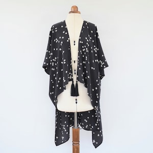 Black Silk Jacket, Evening Cover Up, Star Print Blazer, Open Front Kimono Cardigan