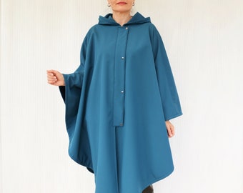 Waterproof and Windproof Cape, Women's Rain Hooded Cloak, Blue Hooded Rain Poncho