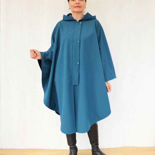 Waterproof and Windproof Cape, Women's Rain Hooded Cloak, Blue Hooded Rain Poncho