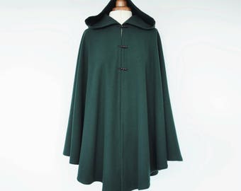 Dark Green Wool Cloak, Wool Hooded Cape Coat in Standard Size or Plus Size, Green Hooded Poncho Jacket