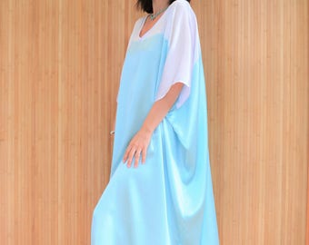 Silk Kaftan, Plus Size Cover Up, Long Kimono Caftan, Aqua Blue Silk Beach Dress