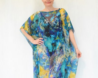 Turquoise Flower Print Kaftan, Pure Silk Maxi Kaftan Dress, Beach Cover Up, Holiday Cruise Wear