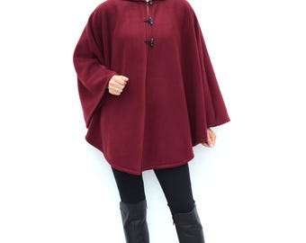 Burgundy Hooded Cloak, Soft Fleece Cape Coat for Women Plus Size or Standard Size, Handmade in Scotland
