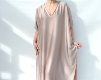 Long Beach or Pool Cover Up, Women's Maxi Kaftan Dress in Taupe, Bathing Suit Bikini Cover up