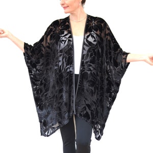Women&#39;s Silk Velvet Kimono Jacket, Black Velvet Evening Duster, Boho Kimono