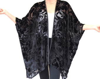 Black Floral Silk Velvet Kimono Jacket, Open Front Duster Robe
