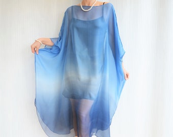 Blue Silk Kaftan, Silk Chiffon Kaftan, Blue Ombre Dress, Sheer Beach Cover up, Silk Caftan, Plus Size Cover Up