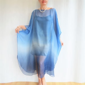 Blue Silk Kaftan, Silk Chiffon Kaftan, Blue Ombre Dress, Sheer Beach Cover up, Silk Caftan, Plus Size Cover Up image 1