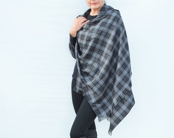 Large Grey Tartan Scarf, Soft Fringed Outlander Inspired Shawl, Scottish Handmade Plaid Wrap