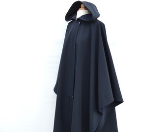 Long Waterproof and Windproof Cape Coat, Navy Hooded Outdoor Cloak, Women's Rain Poncho