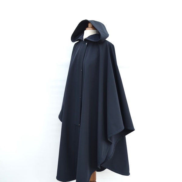 Long Waterproof and Windproof Cape Coat, Navy Hooded Outdoor Cloak, Women's Rain Poncho
