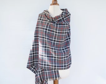 Large Handmade Tartan Scarf, Grey Check Shawl, Large Scottish Tartan Wrap, Plaid Blanket Scarf