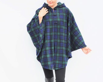 Tartan Hooded Cape Coat, Navy and Green Polar Fleece Cloak, Plaid Check Hooded Poncho Handmade in Scotland