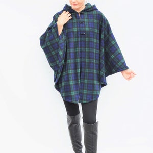 Tartan Hooded Cape Coat, Navy and Green Polar Fleece Cloak, Plaid Check Hooded Poncho Handmade in Scotland