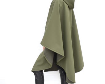 Waterproof and Windproof Cape Coat, Olive Green Hooded Rain Cloak, Women's Outdoor Poncho, Handmade Rain Jacket For Hiking and Travel