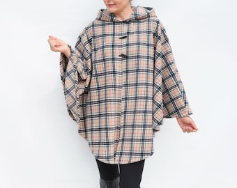 Women's Handmade Tartan Cape Coat, Plaid Hooded Cloak, Polar Fleece Hooded Poncho Jacket in Standard or Plus Size