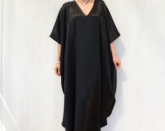 Black Silk Kaftan Robe: Handmade V-Neck Plus Size Dress