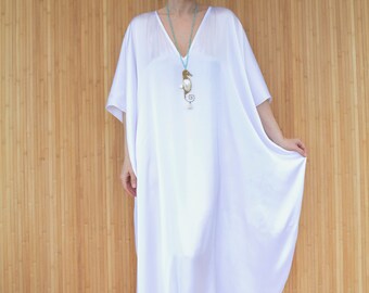 White Beach Swimsuit Bikini Cover-up, Long Plus Size Kaftan, White Maxi Holiday Pool Dress