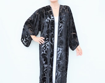 Women's Black Velvet Kimono Coat, Long Silk Evening Jacket, Devore Burnout Floral Duster Coat