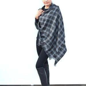 Large Grey Tartan Scarf, Soft Fringed Outlander Inspired Shawl, Scottish Handmade Plaid Wrap